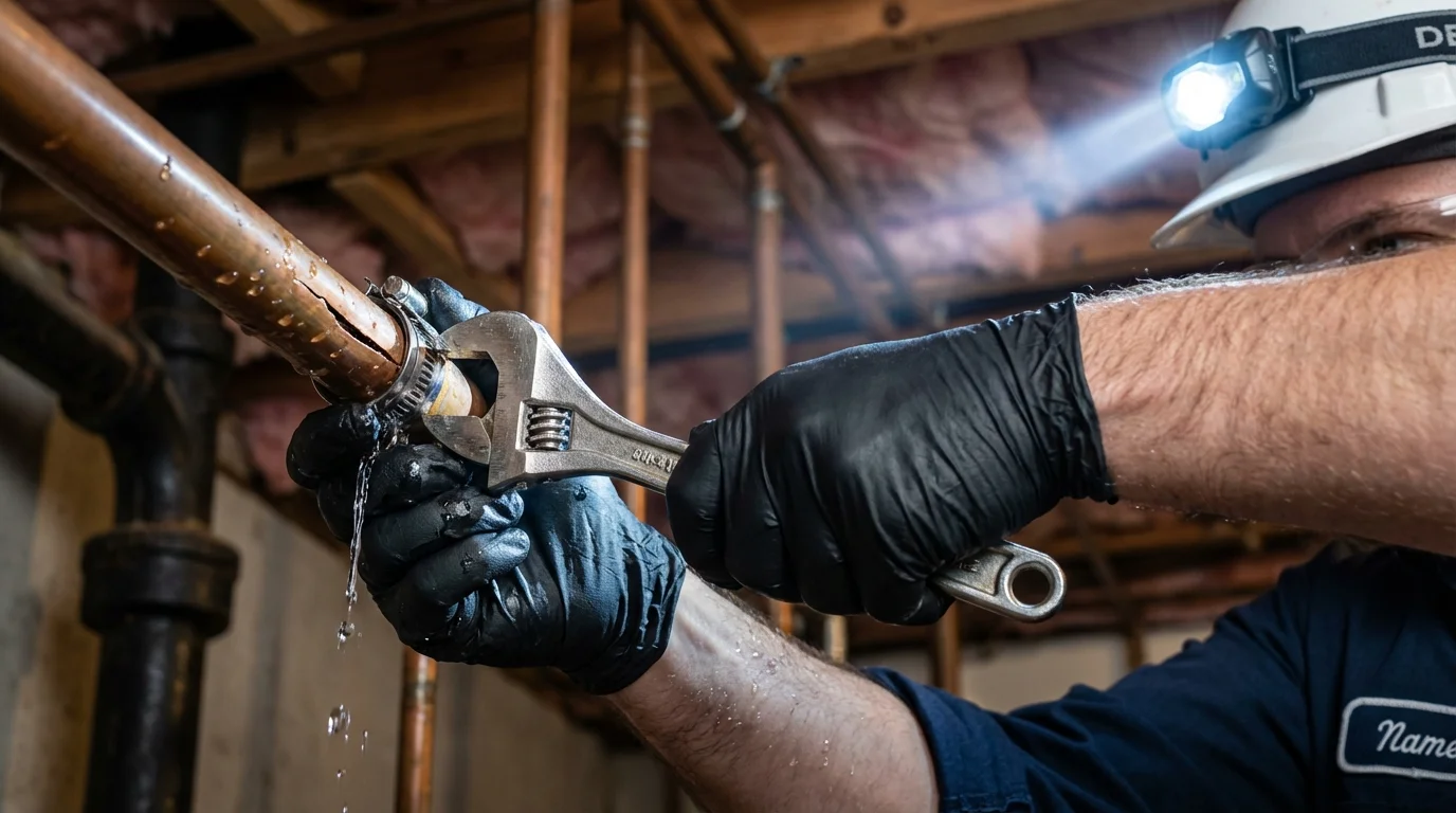 Emergency pipe clamp repair being performed by a Johns Plumbing LLC plumber in Waynesville
