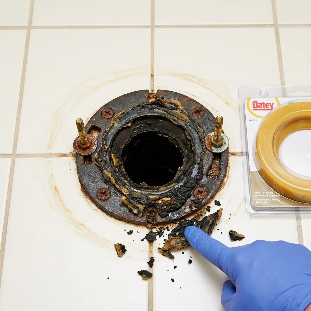 Failed wax ring showing water seepage at the base of a toilet in a Waynesville, MO home