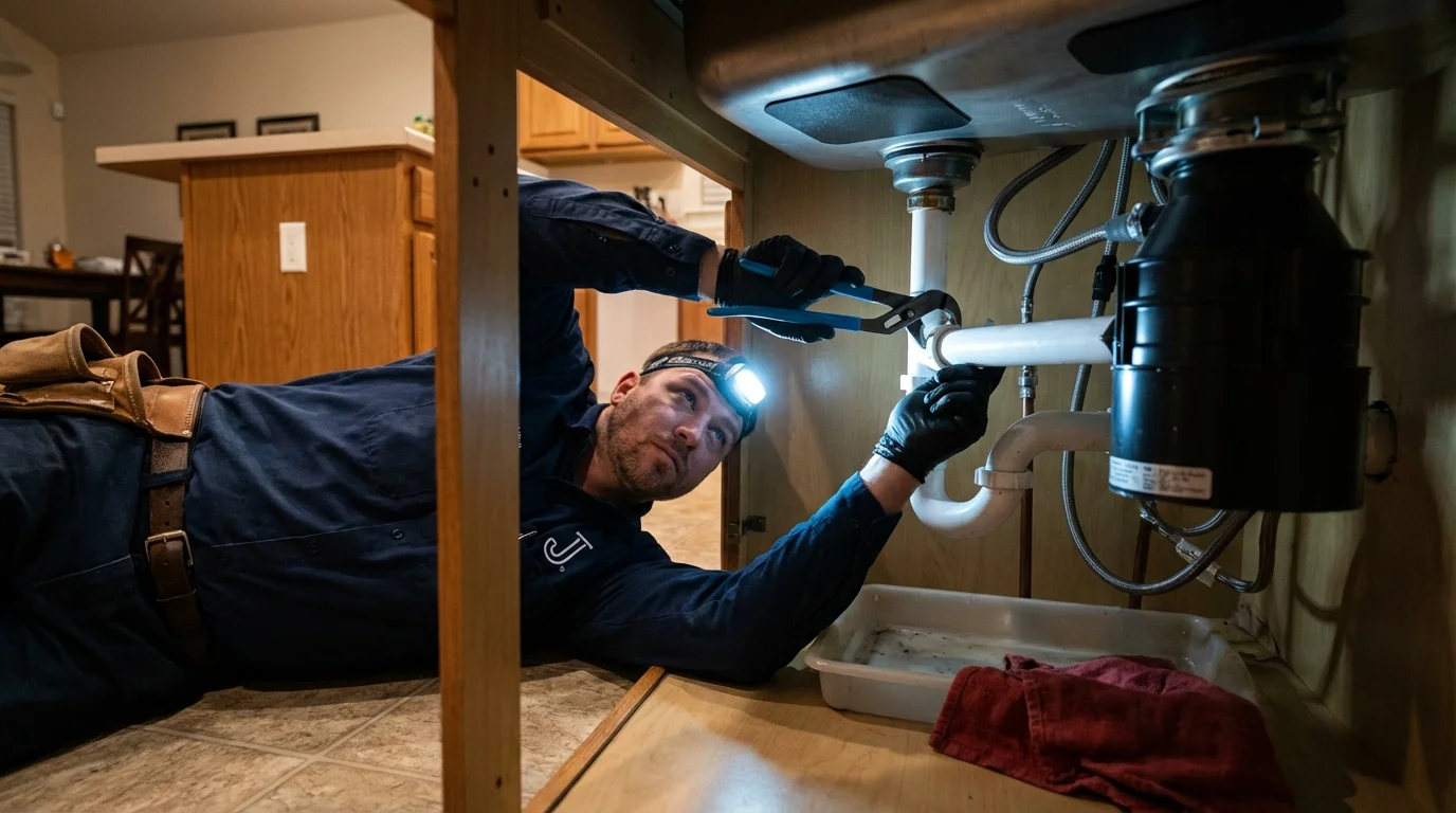 P-trap and supply line connections under a kitchen sink showing a common leak point in Waynesville, MO